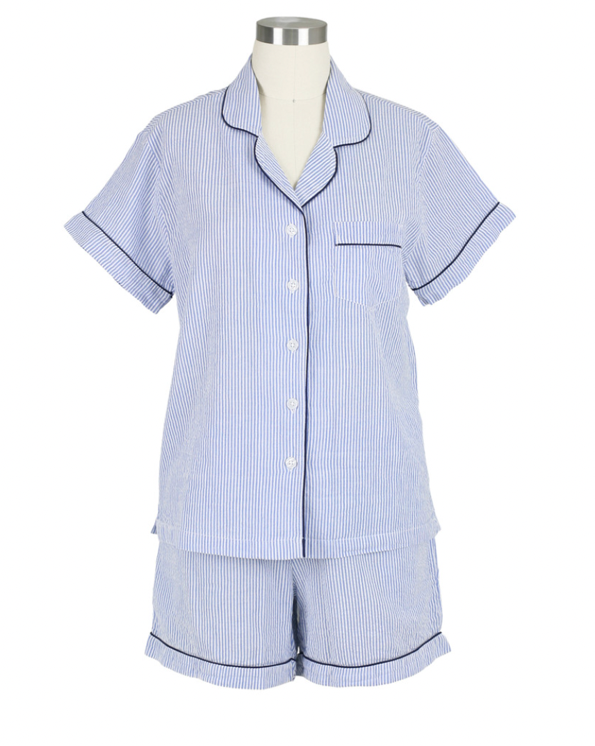 Blue Seersucker Short Pajama Set