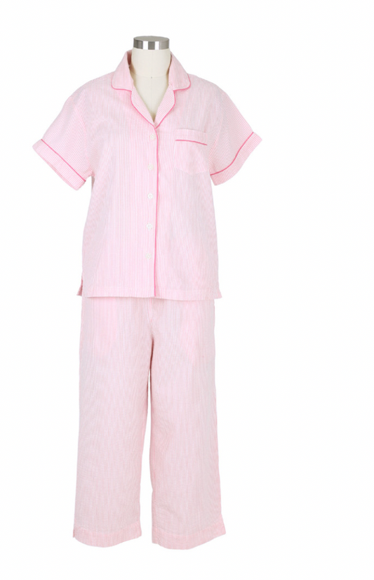 Pink Seersucker Short Sleeve Capri Pajama set
