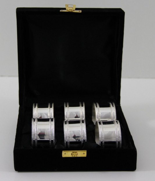 Set of 6 Napkin Rings Double Bead Silver Plate